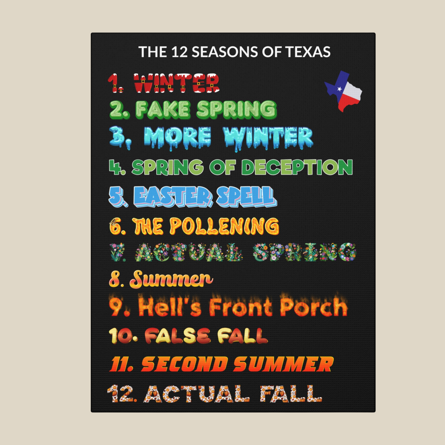 12 Seasons of Texas Matte Canvas Wall Art Sign — Funny Weather Chart for Texans